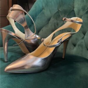 Marc Fisher Silver Slingback Heels with Pointed Toe and High Stiletto